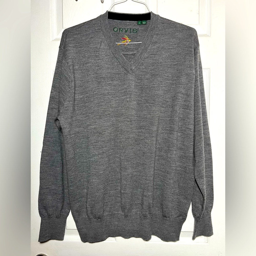 ORVIS 100% Merino Wool Gray Men’s V Neck Long Sleeve Knit Sweater‎ Sz L
